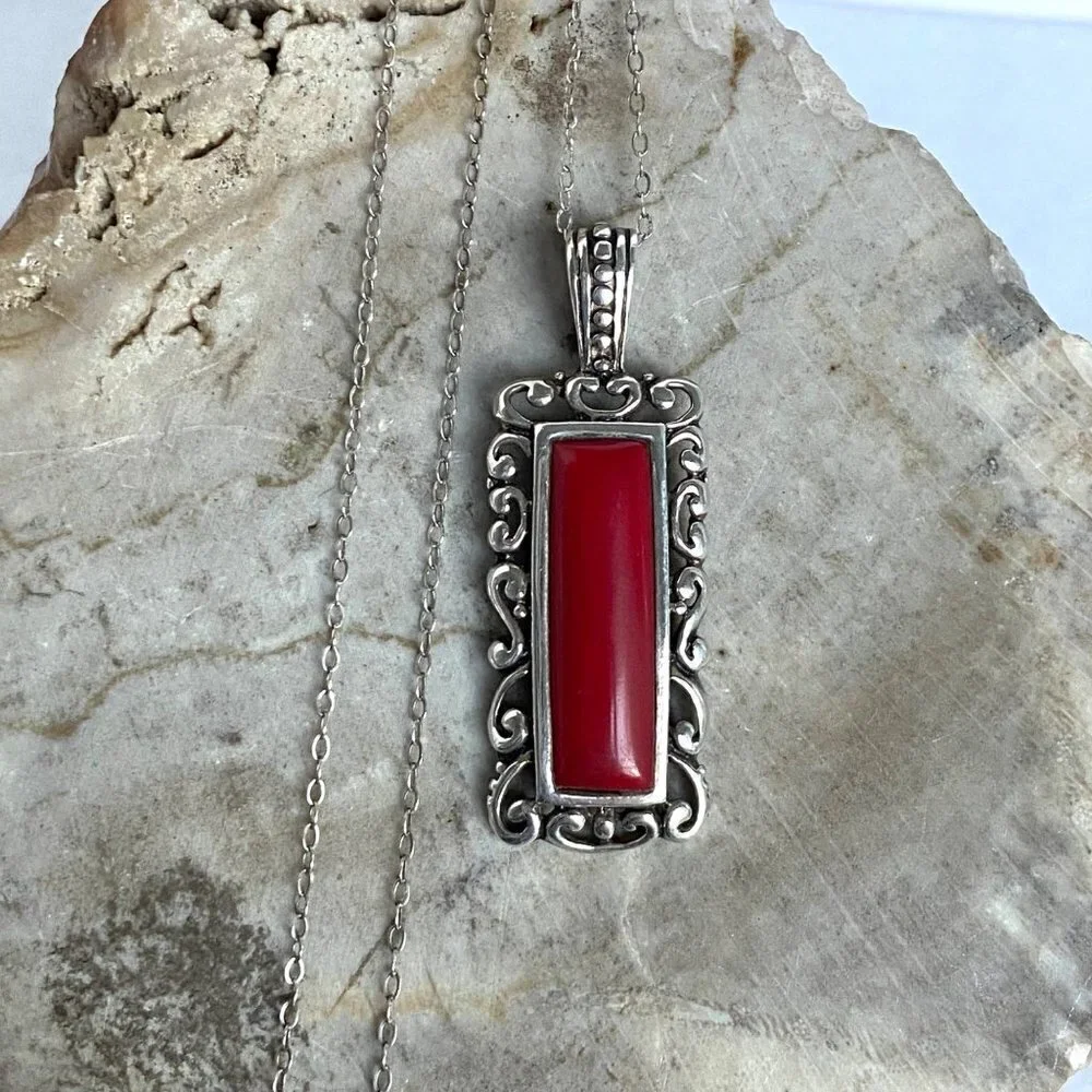 Sterling Silver 925 Faux Red Coral Rectangular Scrollwork Pendant Necklace 20